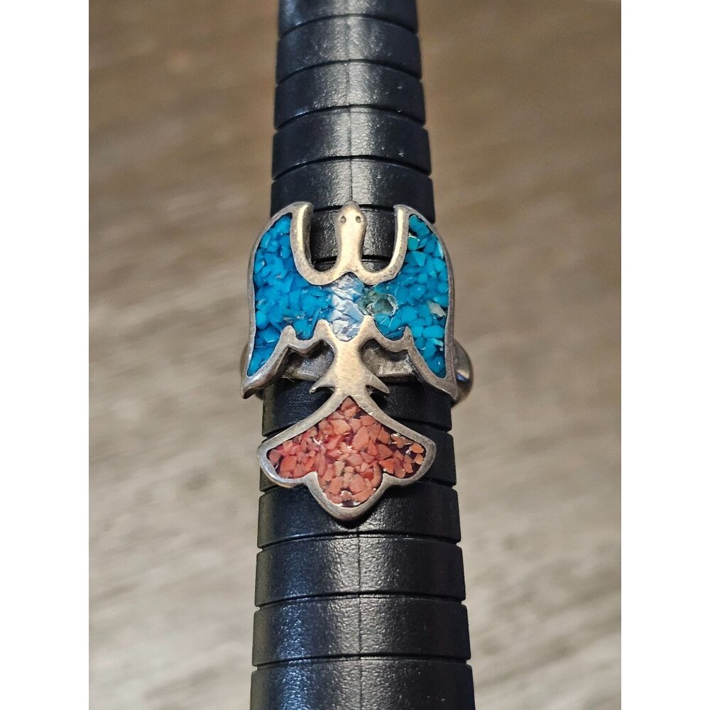 Vintage Navajo Sterling Peyote Bird Turquoise & Coral Chips Inlay Ring Size 6.5